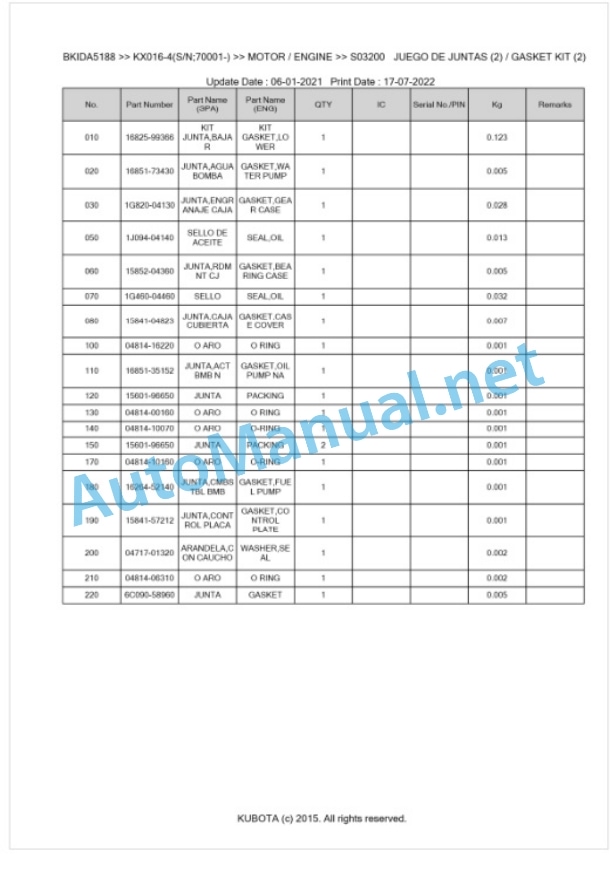 Kubota KX016-4 Parts Manual PDF BKIDA5188 2 Kubota KX016-4 Parts Manual PDF BKIDA5188-2