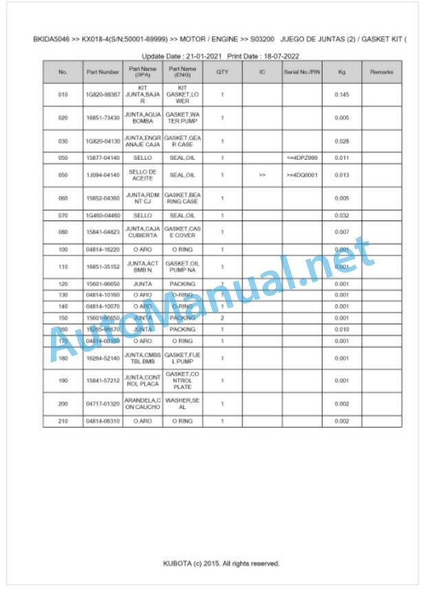 Kubota KX018-4 Parts Manual PDF BKIDA5046 2 Kubota KX018-4 Parts Manual PDF BKIDA5046-2