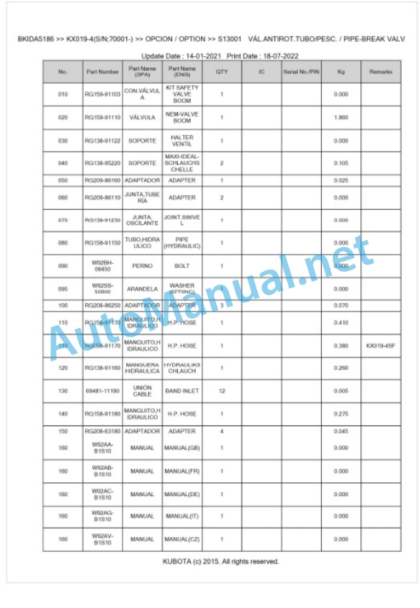 Kubota KX019-4 Parts Manual PDF BKIDA5186 5 Kubota KX019-4 Parts Manual PDF BKIDA5186-5