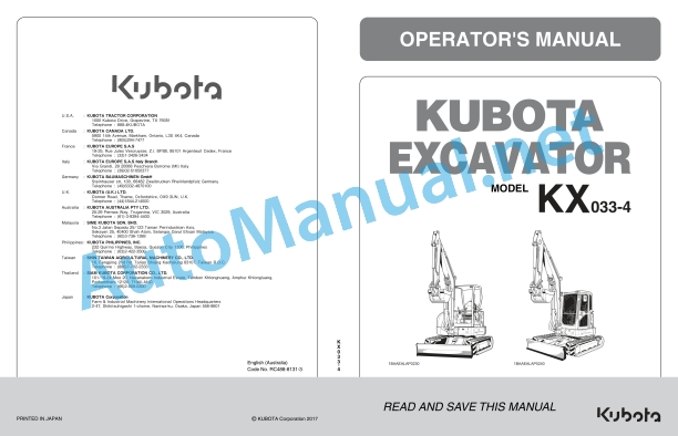 Kubota KX033 Excavator Operators Manual PDF