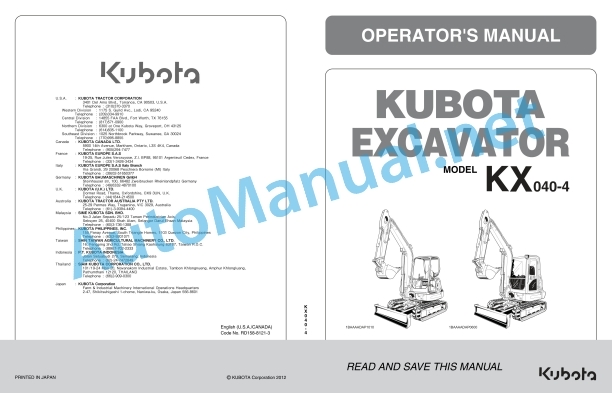Kubota KX040-4 Excavator Operators Manual PDF