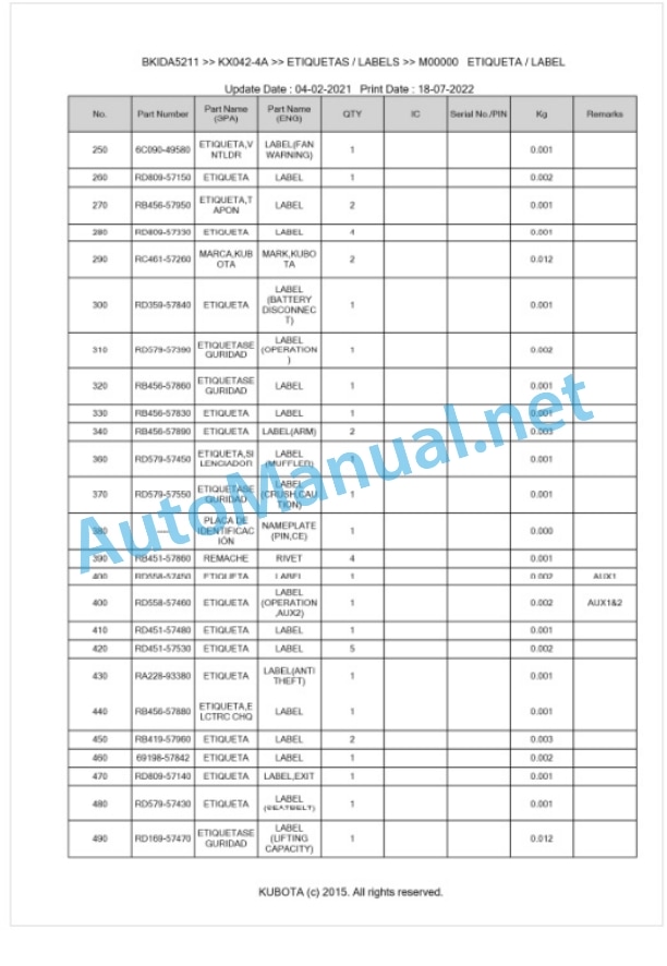 Kubota KX042-4a Parts Manual PDF BKIDA5211 5 Kubota KX042-4a Parts Manual PDF BKIDA5211-5