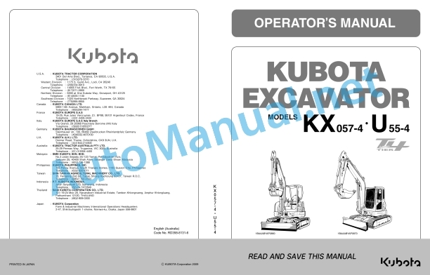 Kubota KX057-4, U55-4 Excavator Operators Manual PDF