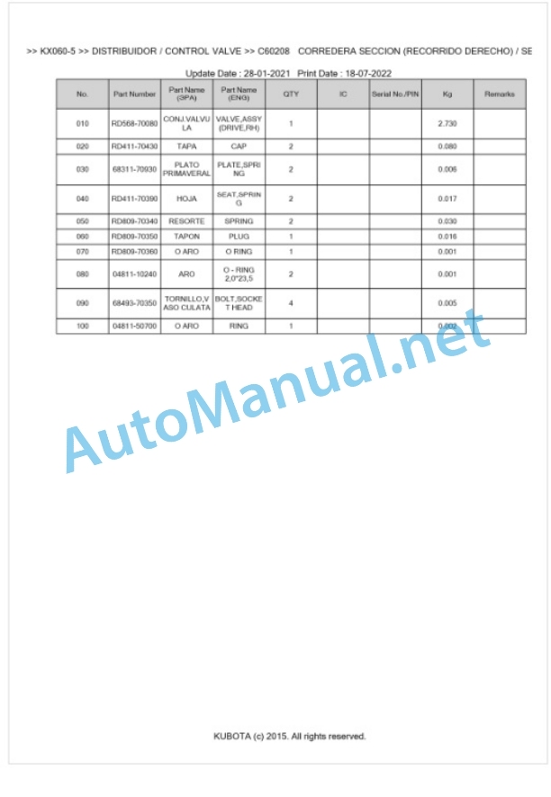 Kubota KX060-5 Parts Manual PDF BKIDA5210 3 Kubota KX060-5 Parts Manual PDF BKIDA5210-3