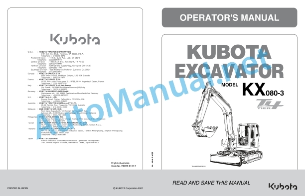 Kubota KX080-3S Excavator Operators Manual PDF