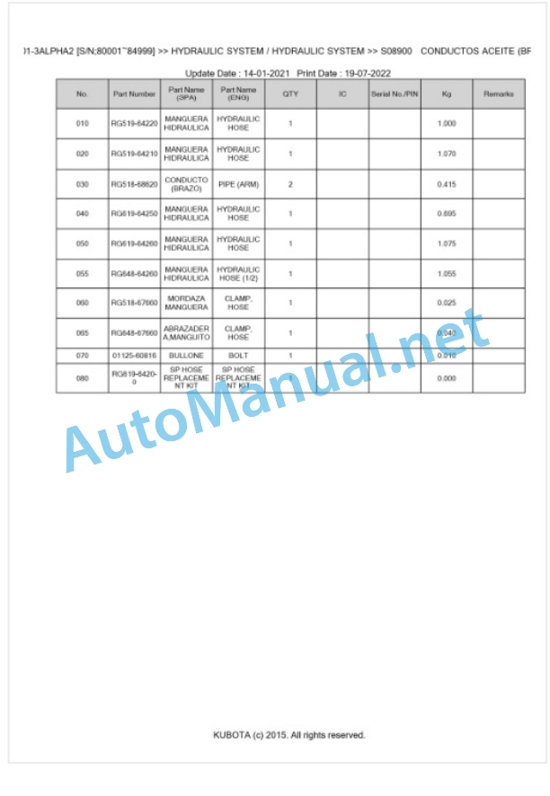 Kubota KX101-3ALPHA2 Parts Manual PDF BKIDA0407-4