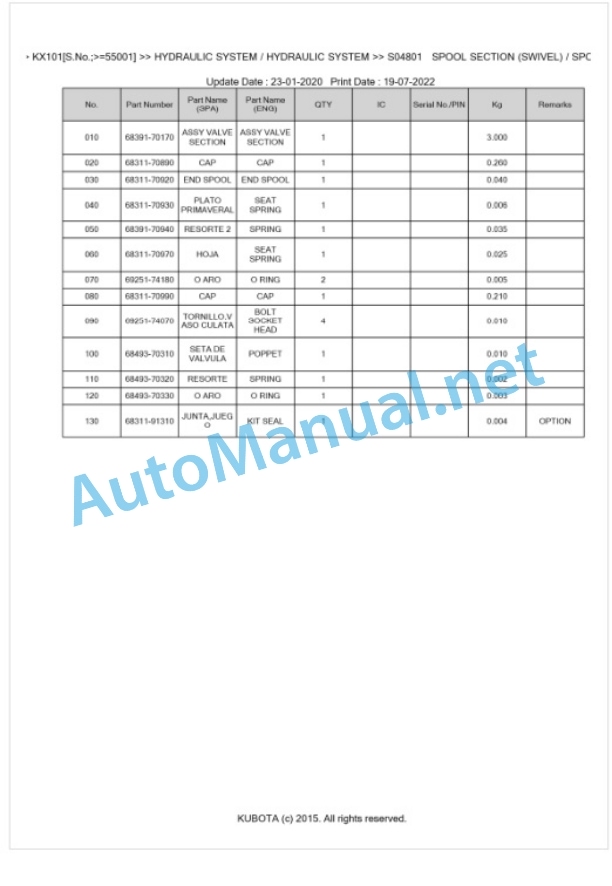 Kubota KX101 Parts Manual PDF BKIDA0157 3 Kubota KX101 Parts Manual PDF BKIDA0157-3