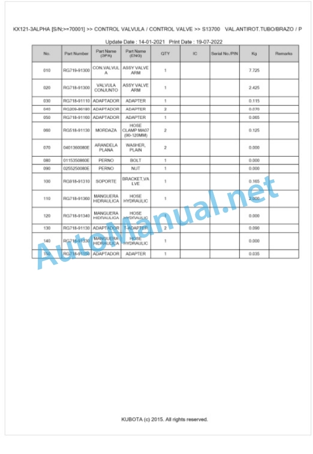 Kubota KX121-3ALPHA Parts Manual PDF BKIDA0304 3 Kubota KX121-3ALPHA Parts Manual PDF BKIDA0304-3