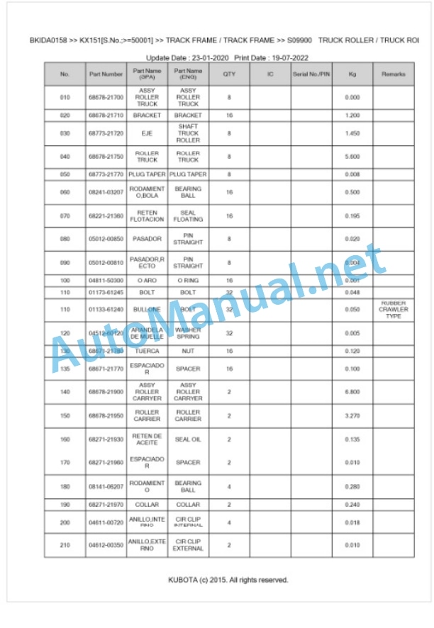 Kubota KX151 Parts Manual PDF BKIDA0158 5 Kubota KX151 Parts Manual PDF BKIDA0158-5