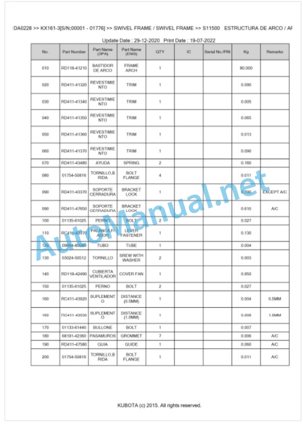 Kubota KX161 Parts Manual PDF BKIDA0228-5