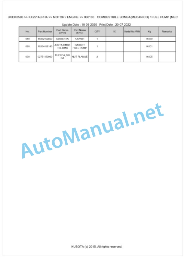 Kubota KX251ALPHA Parts Manual PDF BKIDK0586 2 Kubota KX251ALPHA Parts Manual PDF BKIDK0586-2