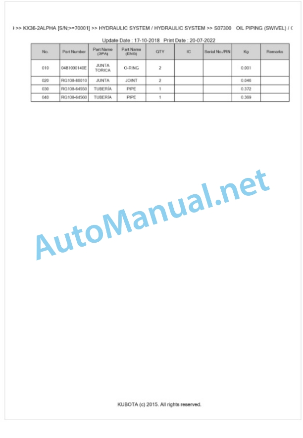 Kubota KX36-2ALPHA Parts Manual PDF BKIDA0259 4 Kubota KX36-2ALPHA Parts Manual PDF BKIDA0259-4
