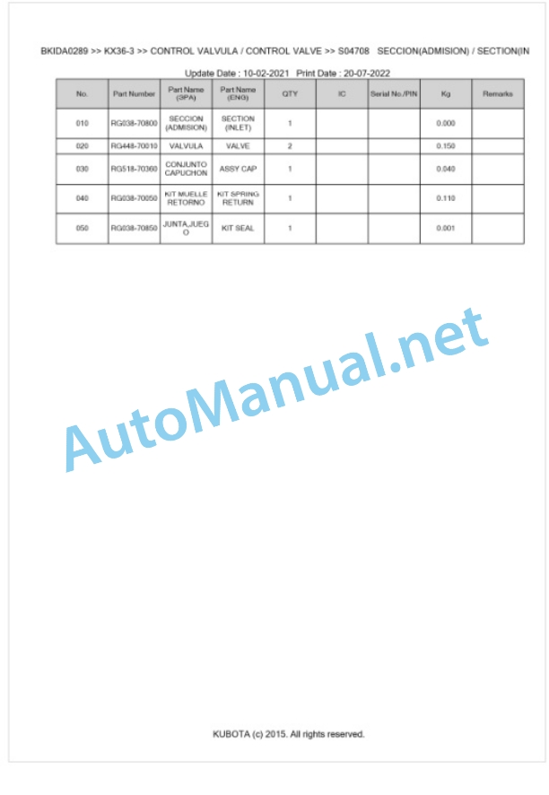 Kubota KX36-3 Parts Manual PDF BKIDA0289 3 Kubota KX36-3 Parts Manual PDF BKIDA0289-3