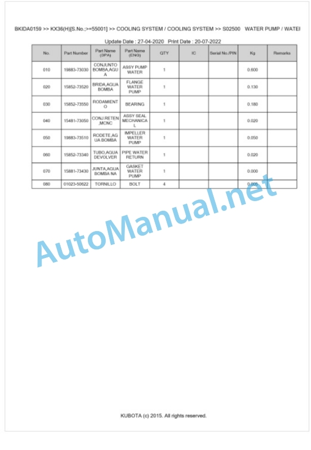 Kubota KX36(H) Parts Manual PDF BKIDA0159 2 Kubota KX36(H) Parts Manual PDF BKIDA0159-2