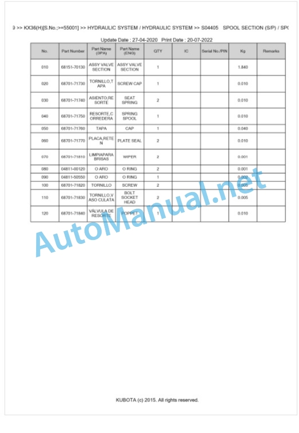 Kubota KX36(H) Parts Manual PDF BKIDA0159 3 Kubota KX36(H) Parts Manual PDF BKIDA0159-3
