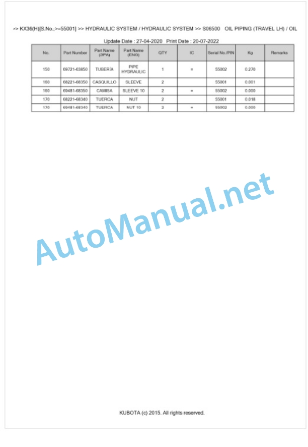 Kubota KX36(H) Parts Manual PDF BKIDA0159 4 Kubota KX36(H) Parts Manual PDF BKIDA0159-4