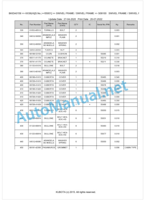 Kubota KX36(H) Parts Manual PDF BKIDA0159 5 Kubota KX36(H) Parts Manual PDF BKIDA0159-5
