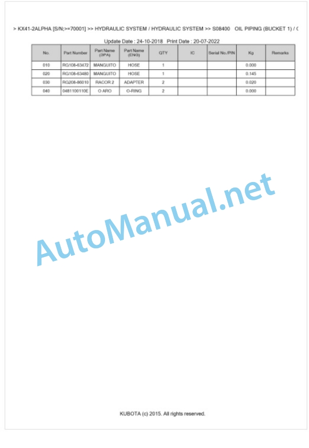 Kubota KX41-2ALPHA Parts Manual PDF BKIDK0493 4 Kubota KX41-2ALPHA Parts Manual PDF BKIDK0493-4