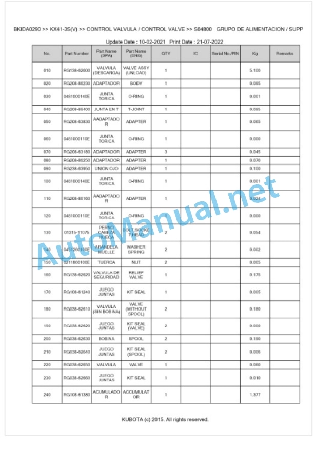 Kubota KX41-3S(V) Parts Manual PDF BKIDA0290 3 Kubota KX41-3S(V) Parts Manual PDF BKIDA0290-3