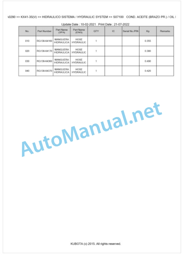 Kubota KX41-3S(V) Parts Manual PDF BKIDA0290 4 Kubota KX41-3S(V) Parts Manual PDF BKIDA0290-4