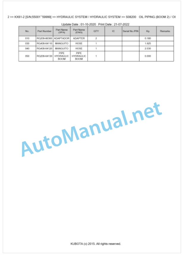 Kubota KX61-2 Parts Manual PDF BKIDK0212 4 Kubota KX61-2 Parts Manual PDF BKIDK0212-4