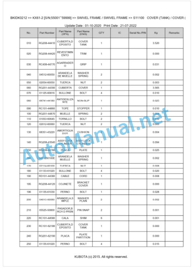 Kubota KX61-2 Parts Manual PDF BKIDK0212 5 Kubota KX61-2 Parts Manual PDF BKIDK0212-5