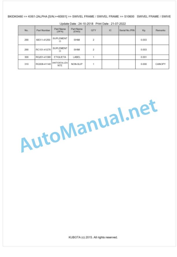 Kubota KX61-2ALPHA Parts Manual PDF BKIDK0460 5 Kubota KX61-2ALPHA Parts Manual PDF BKIDK0460-5