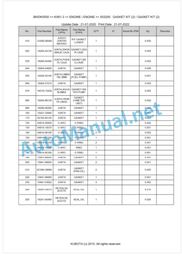 Kubota KX61-3 Parts Manual PDF BKIDK0550 2 Kubota KX61-3 Parts Manual PDF BKIDK0550-2