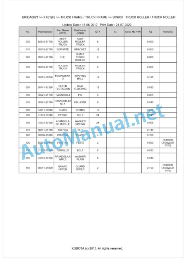 Kubota KX61(H) Parts Manual PDF BKIDA0021 5 Kubota KX61(H) Parts Manual PDF BKIDA0021-5