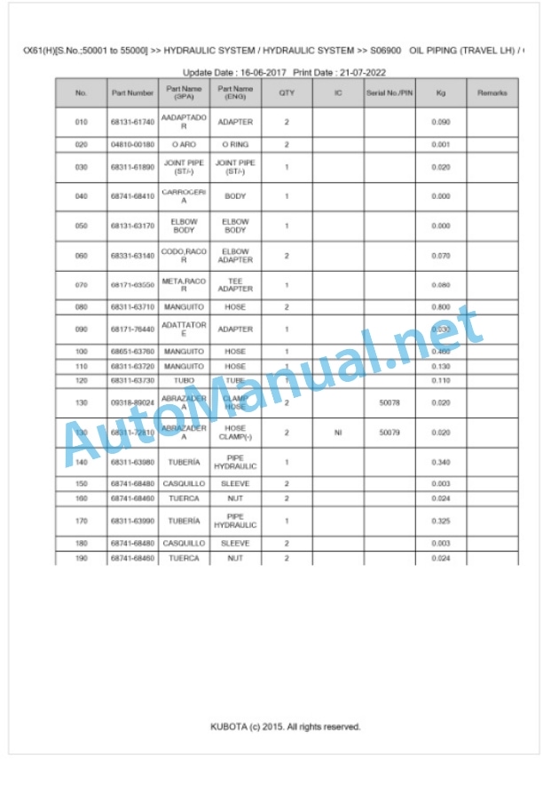 Kubota KX61(H) Parts Manual PDF BKIDA0161-4