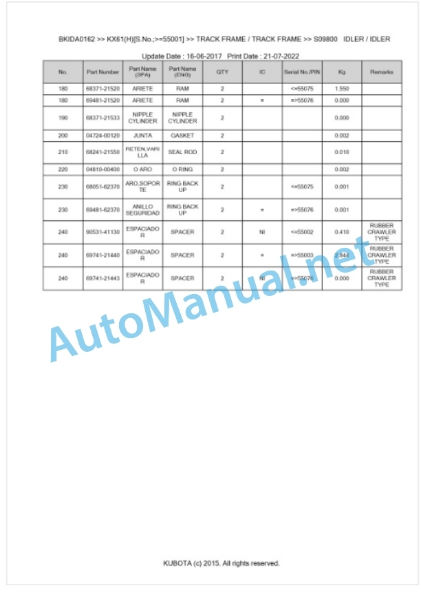 Kubota KX61(H) Parts Manual PDF BKIDA0162 5 Kubota KX61(H) Parts Manual PDF BKIDA0162-5