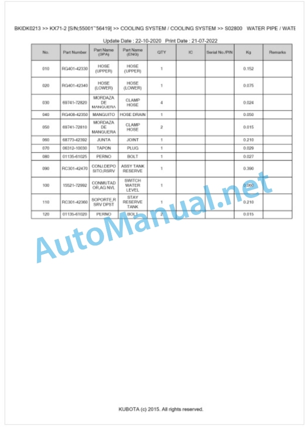 Kubota KX71-2 Parts Manual PDF BKIDK0213-2