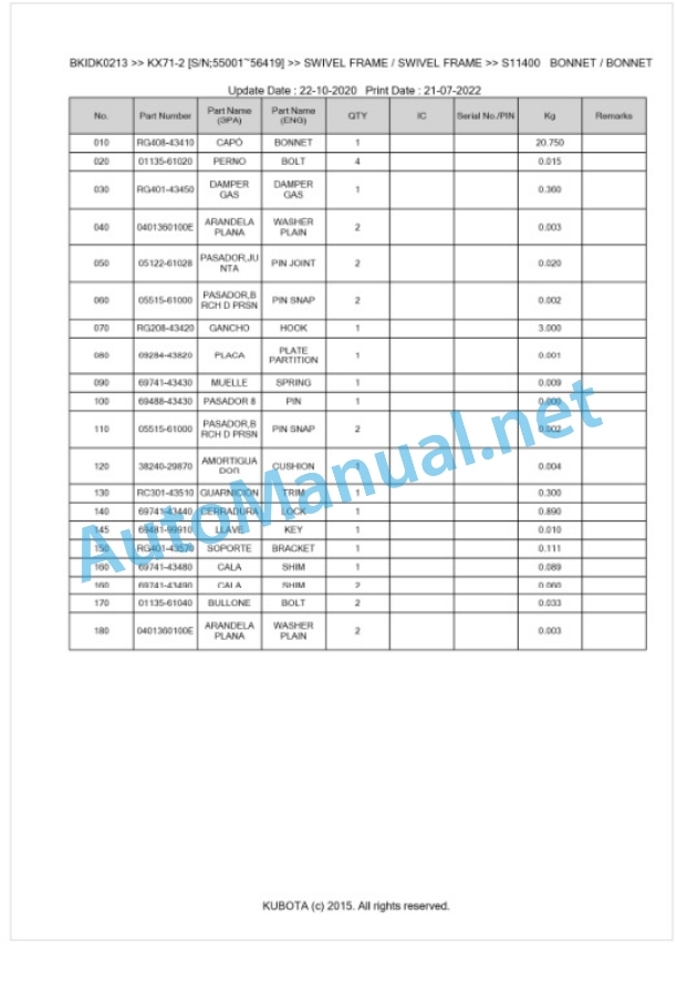 Kubota KX71-2 Parts Manual PDF BKIDK0213-5