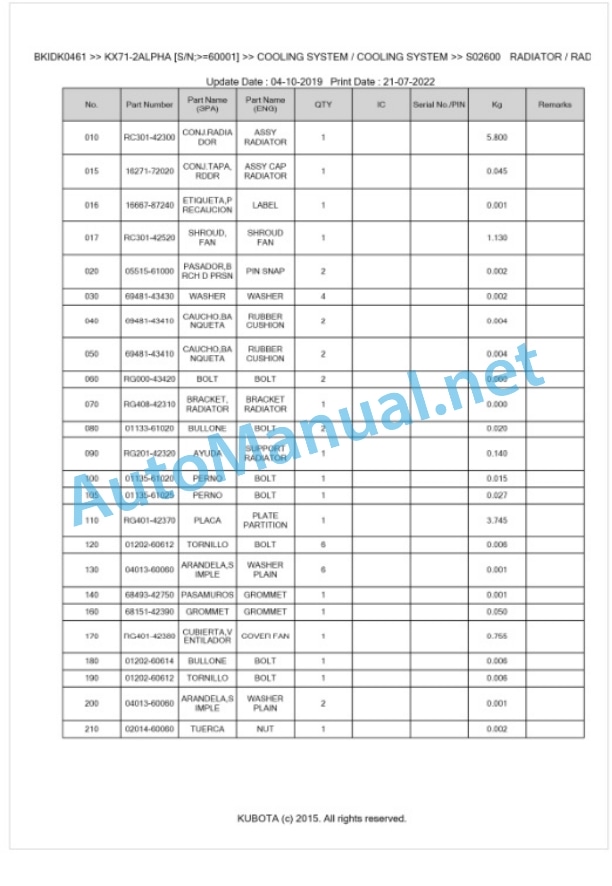 Kubota KX71-2ALPHA Parts Manual PDF BKIDK0461 2 Kubota KX71-2ALPHA Parts Manual PDF BKIDK0461-2