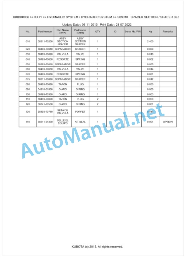 Kubota KX71 Parts Manual PDF BKIDK0056 3 Kubota KX71 Parts Manual PDF BKIDK0056-3
