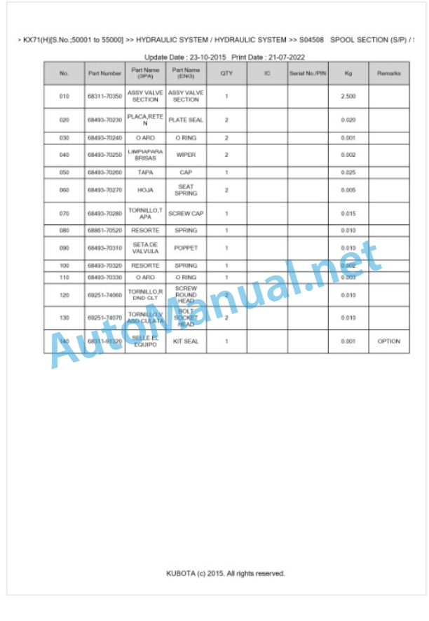 Kubota KX71(H) Parts Manual PDF BKIDA0163 3 Kubota KX71(H) Parts Manual PDF BKIDA0163-3