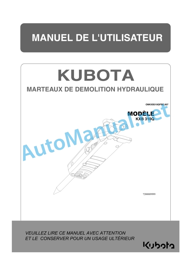Kubota KXB310Q Hydraulic Demolition Hammers Operators Manual PDF
