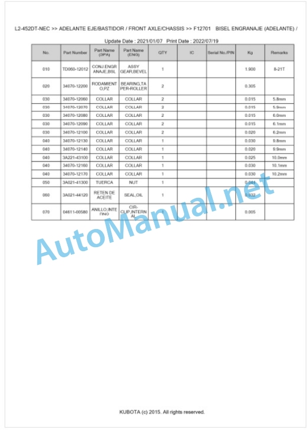 Kubota L1-452DT, L2-452DT Parts Manual PDF BKIDK5452 NEC 4 Kubota L1-452DT, L2-452DT Parts Manual PDF BKIDK5452 NEC-4