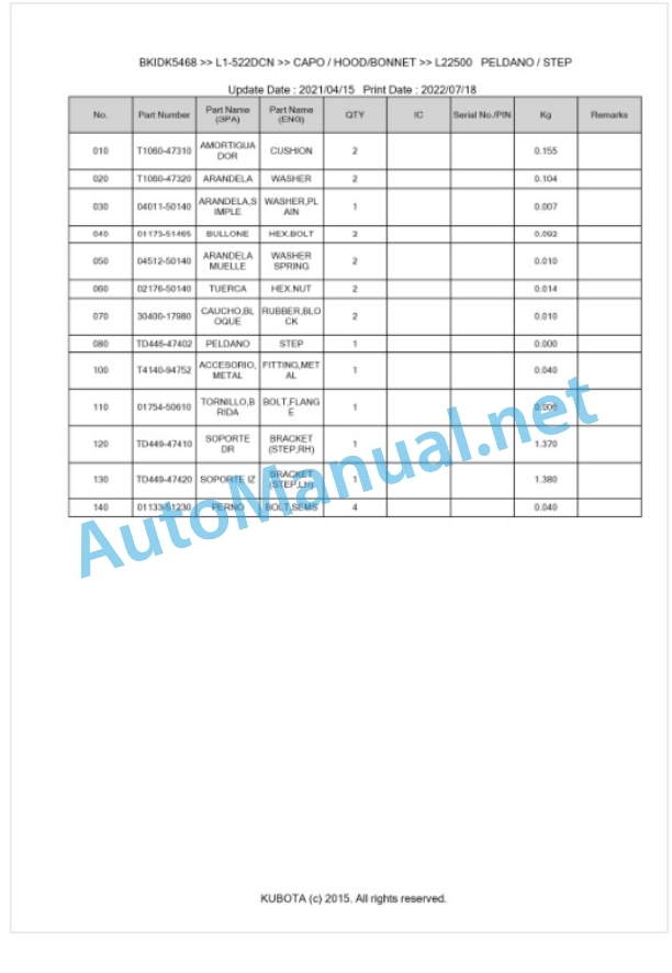 Kubota L1-522DCN, L2-522DCN Parts Manual PDF BKIDK5468-5