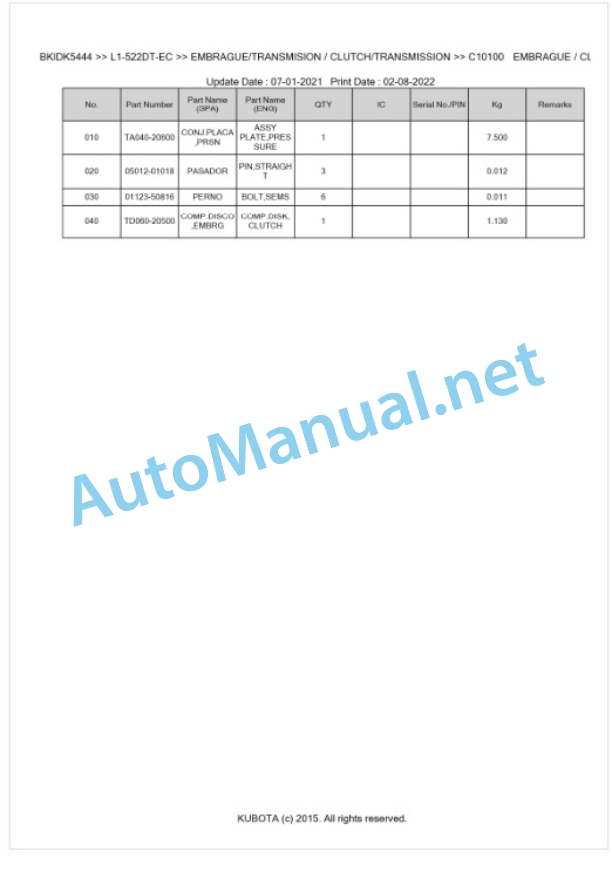 Kubota L1-522DT, L2-522DT Parts Manual PDF BKIDK5444 EC 3 Kubota L1-522DT, L2-522DT Parts Manual PDF BKIDK5444 EC-3