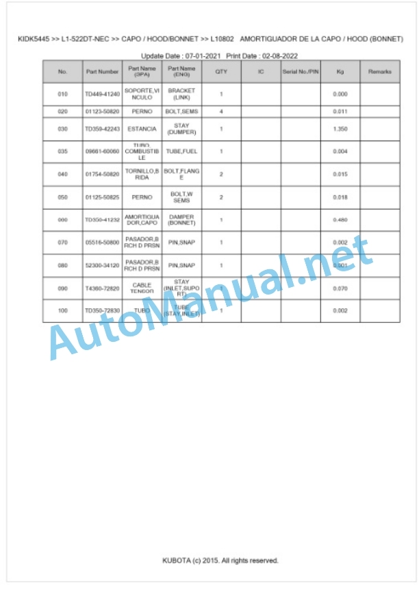 Kubota L1-522DT, L2-522DT Parts Manual PDF BKIDK5445 NEC 5 Kubota L1-522DT, L2-522DT Parts Manual PDF BKIDK5445 NEC-5