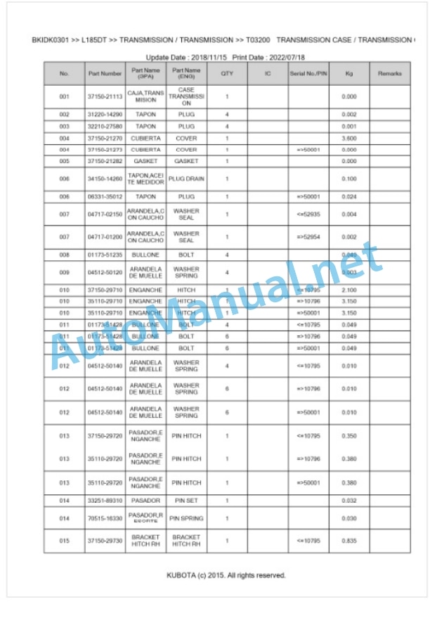 Kubota L185DT Parts Manual PDF BKIDK0301 4 Kubota L185DT Parts Manual PDF BKIDK0301-4