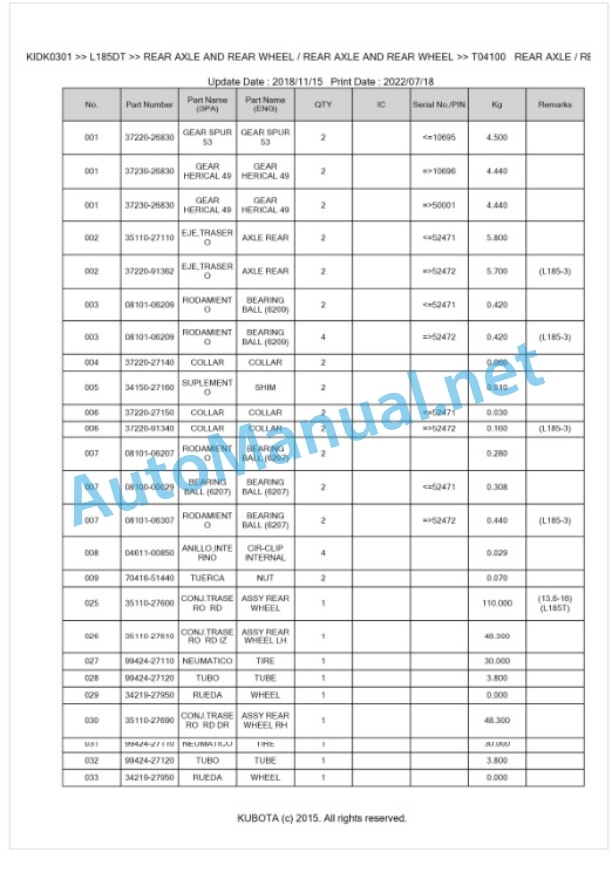 Kubota L185DT Parts Manual PDF BKIDK0301 5 Kubota L185DT Parts Manual PDF BKIDK0301-5