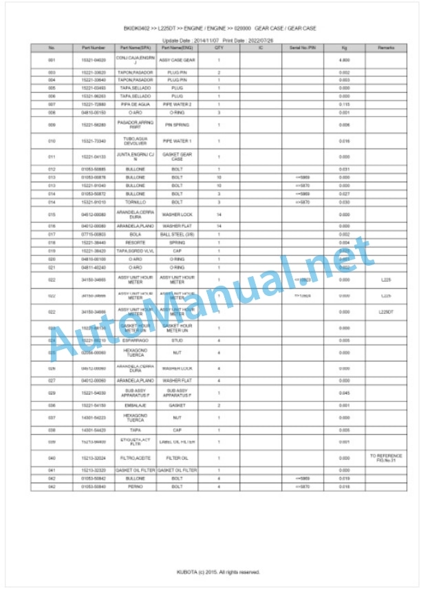 Kubota L225DT Parts Manual PDF BKIDK0402 2 Kubota L225DT Parts Manual PDF BKIDK0402-2