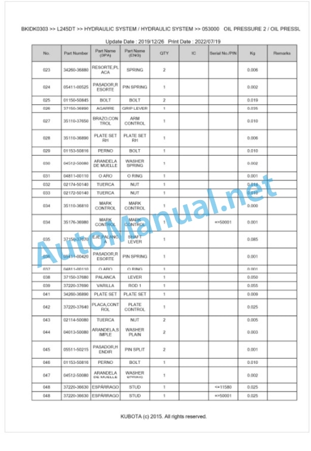Kubota L245DT Parts Manual PDF BKIDK0303-5