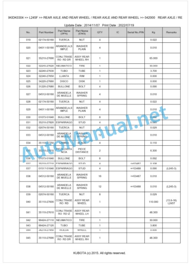 Kubota L245F Parts Manual PDF BKIDK0304 5 Kubota L245F Parts Manual PDF BKIDK0304-5