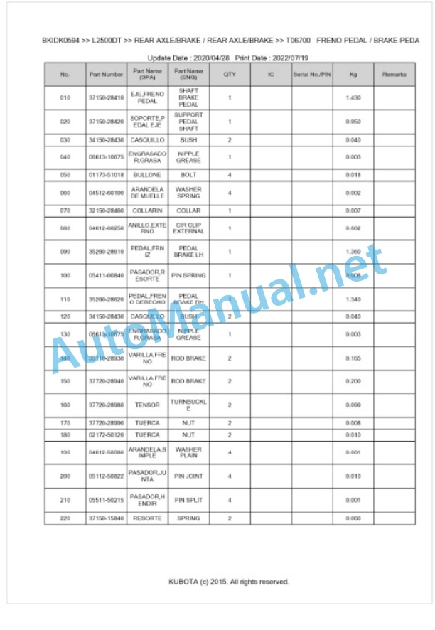 Kubota L2500DT Parts Manual PDF BKIDK0594 4 Kubota L2500DT Parts Manual PDF BKIDK0594-4