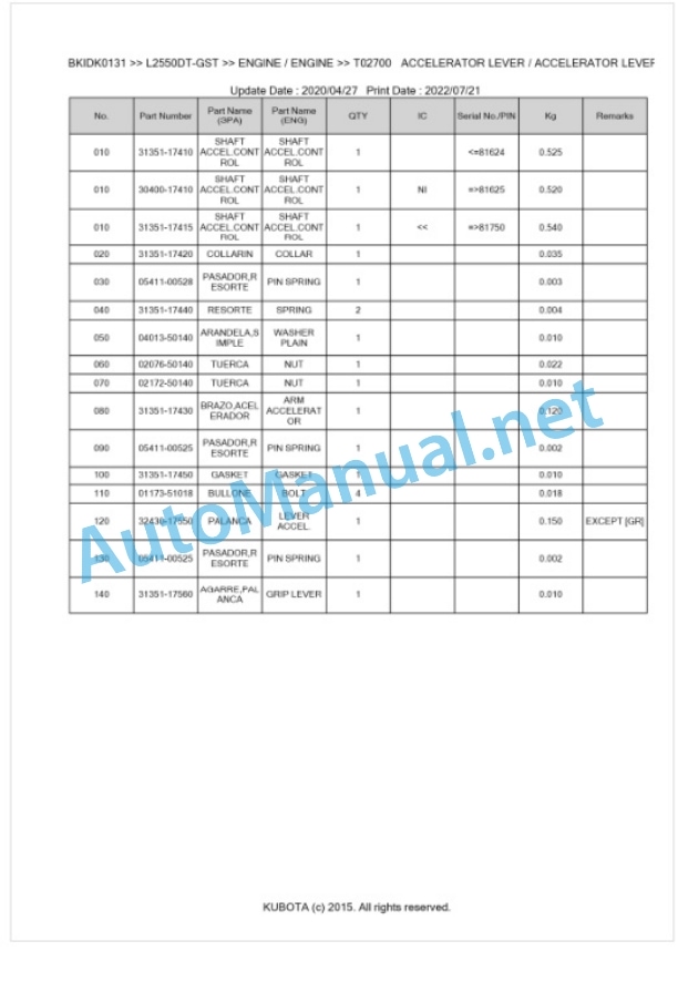 Kubota L2550DT-GST Parts Manual PDF BKIDK0131 2 Kubota L2550DT-GST Parts Manual PDF BKIDK0131-2