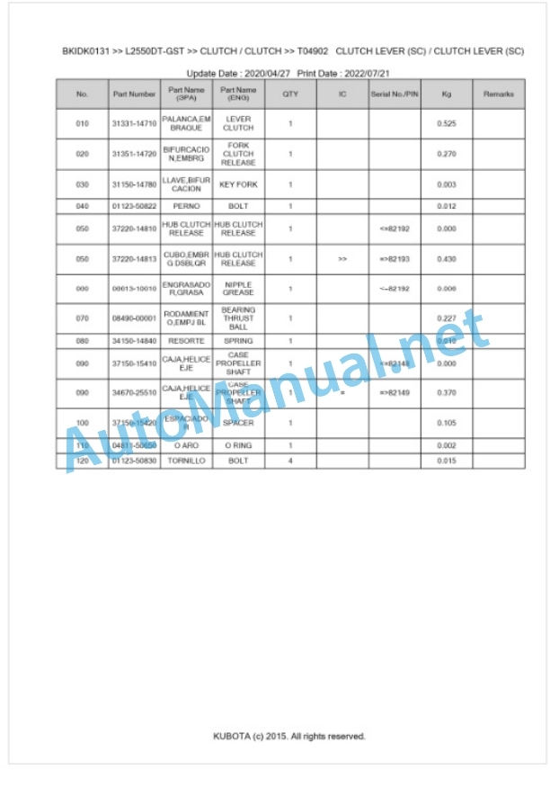 Kubota L2550DT-GST Parts Manual PDF BKIDK0131 3 Kubota L2550DT-GST Parts Manual PDF BKIDK0131-3