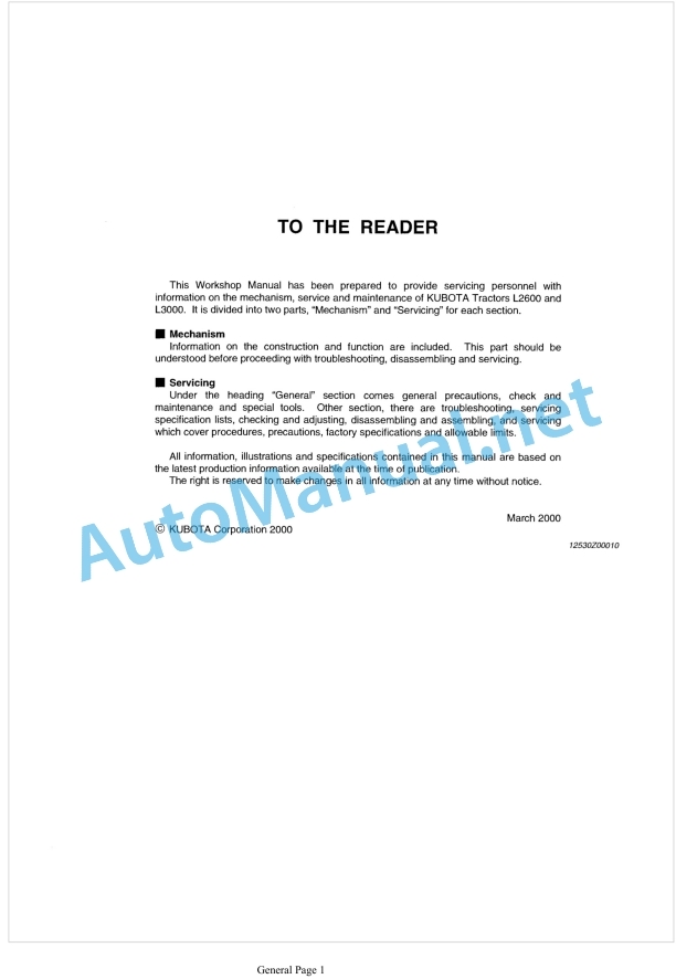 Kubota L2600, L3000 Workshop Manual PDF